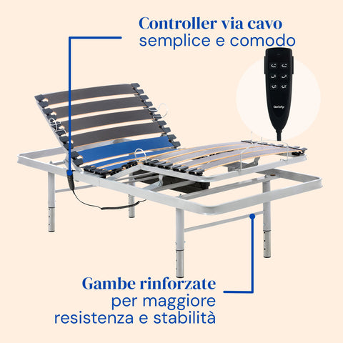 Letto ortopedico elettrico con gambe regolabili, materasso Visco Tencel e sponde letto - 90x200 cm